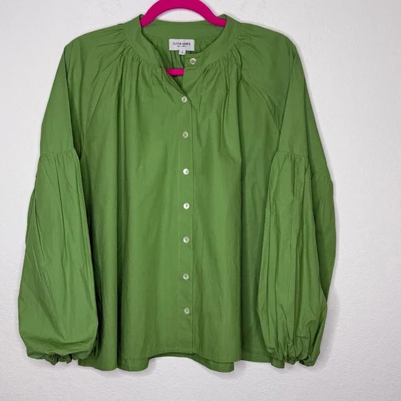 Olivia James Green Balloon Sleeve Button Down Shirt Size S - Picture 1 of 6